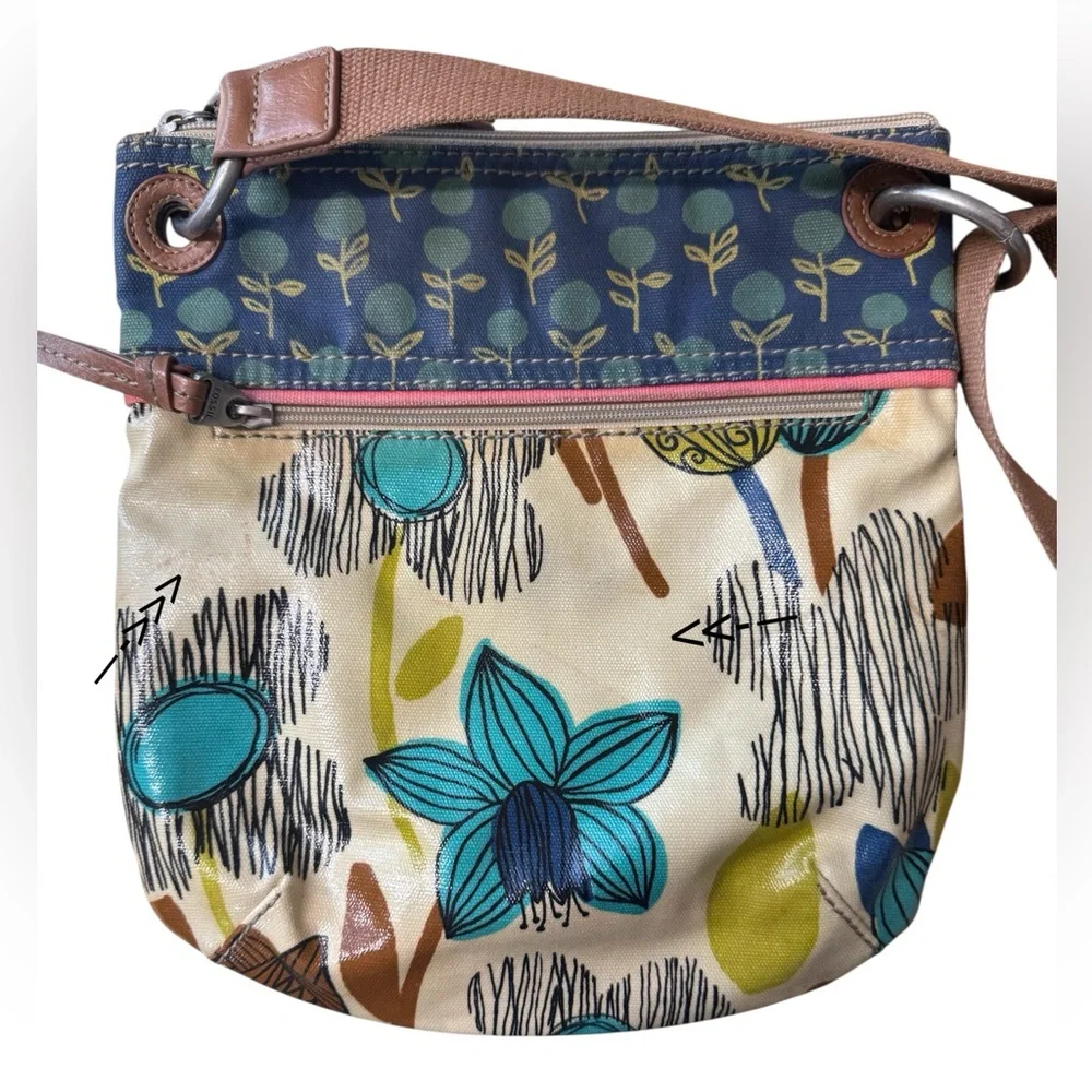 Fossil Key-Per Cross Body Bag Purse Hand Bag Floral Flowers Cream Blue Green